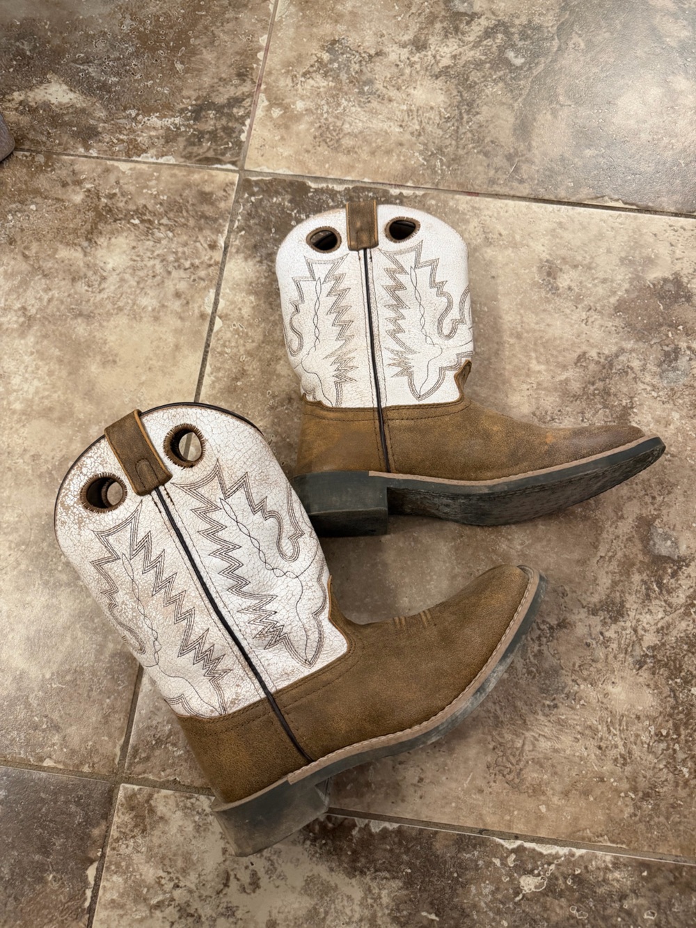 Kids Two-Tone Western Pull-On Boots — Brown Suede & White Embroidered Shaft